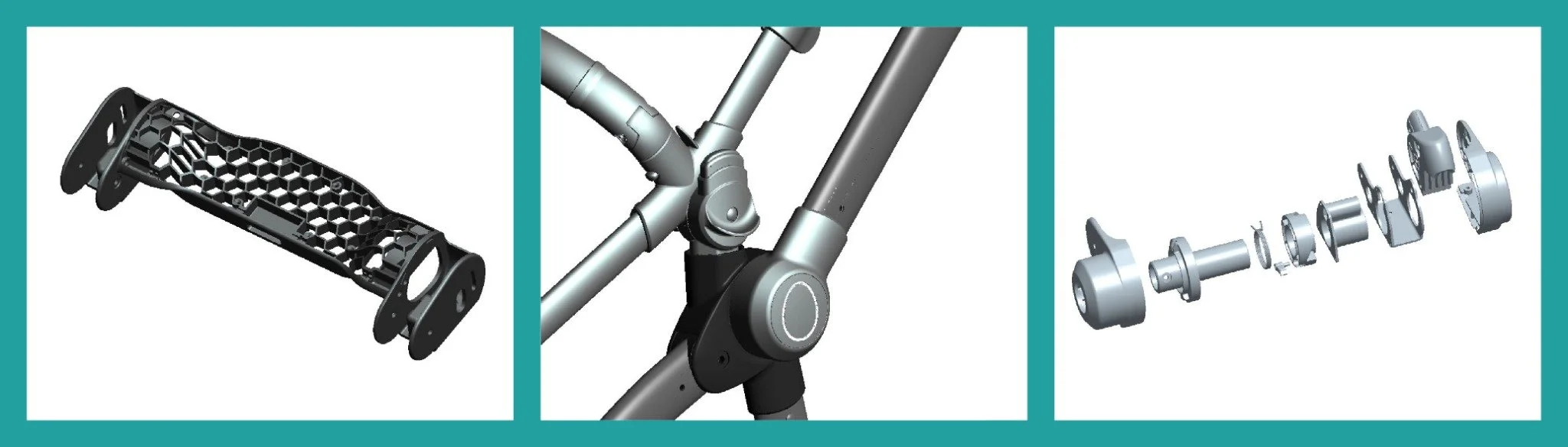 Three mechanical CAD views: a ribbed component, a chassis joint and an exploded mechanism, arranged on a teal background.