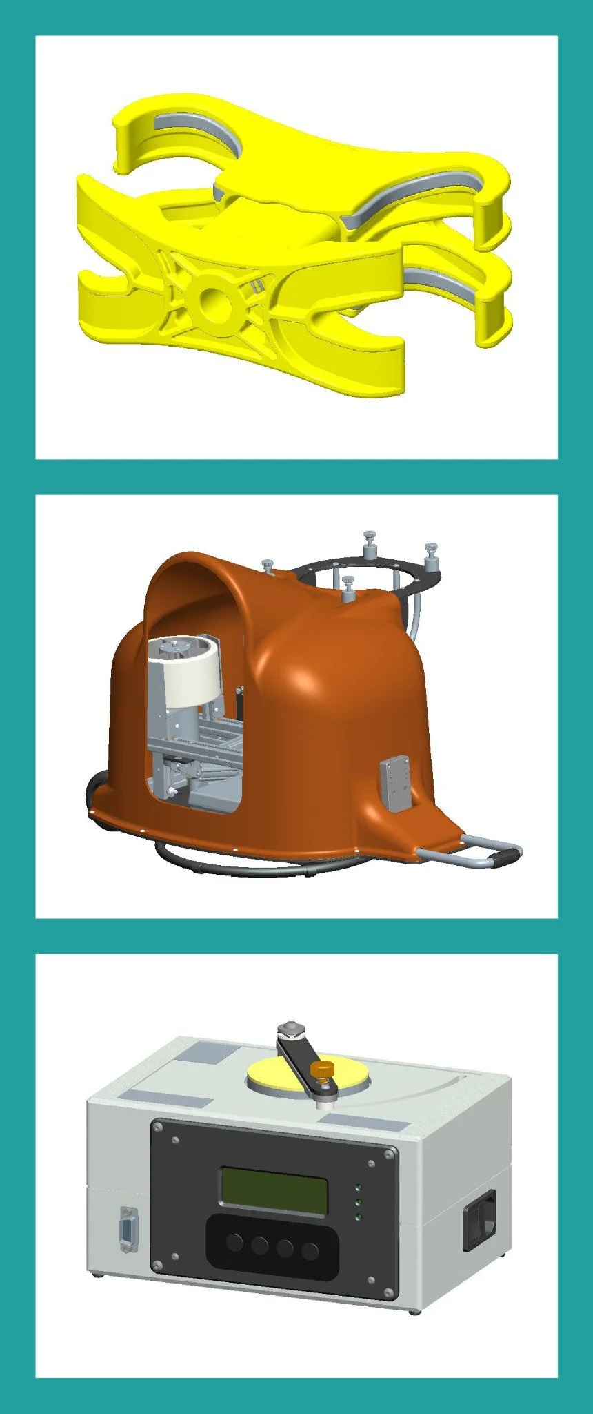 Three CAD examples: a yellow clamp, an orange mechanical assembly and scientific equipment, stacked on a teal background.