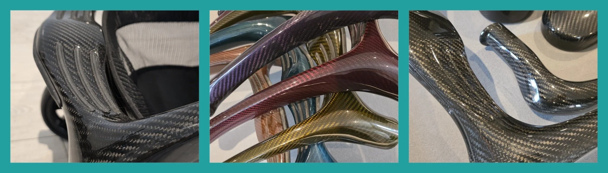Three photographs showing carbon-fibre structures, coloured composite frames and curved composite components on a teal background.