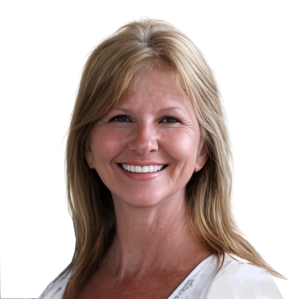 Smiling woman with blonde hair in a white top.