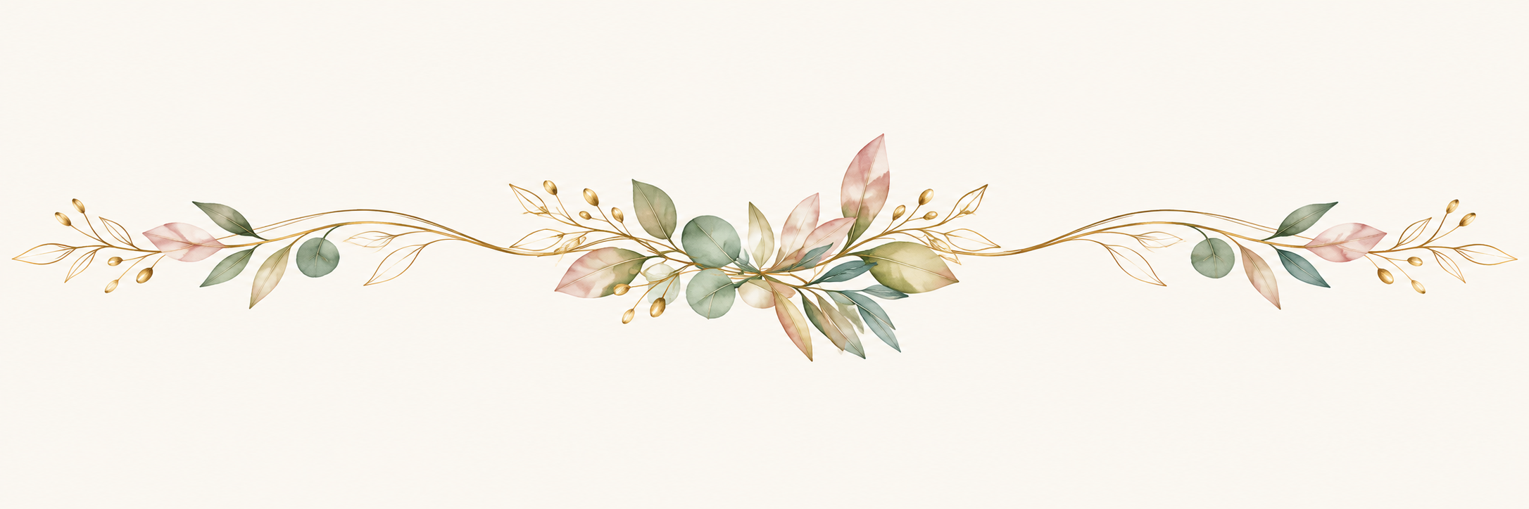 A decorative horizontal floral design with pastel-colored leaves and gold accents on a light background.