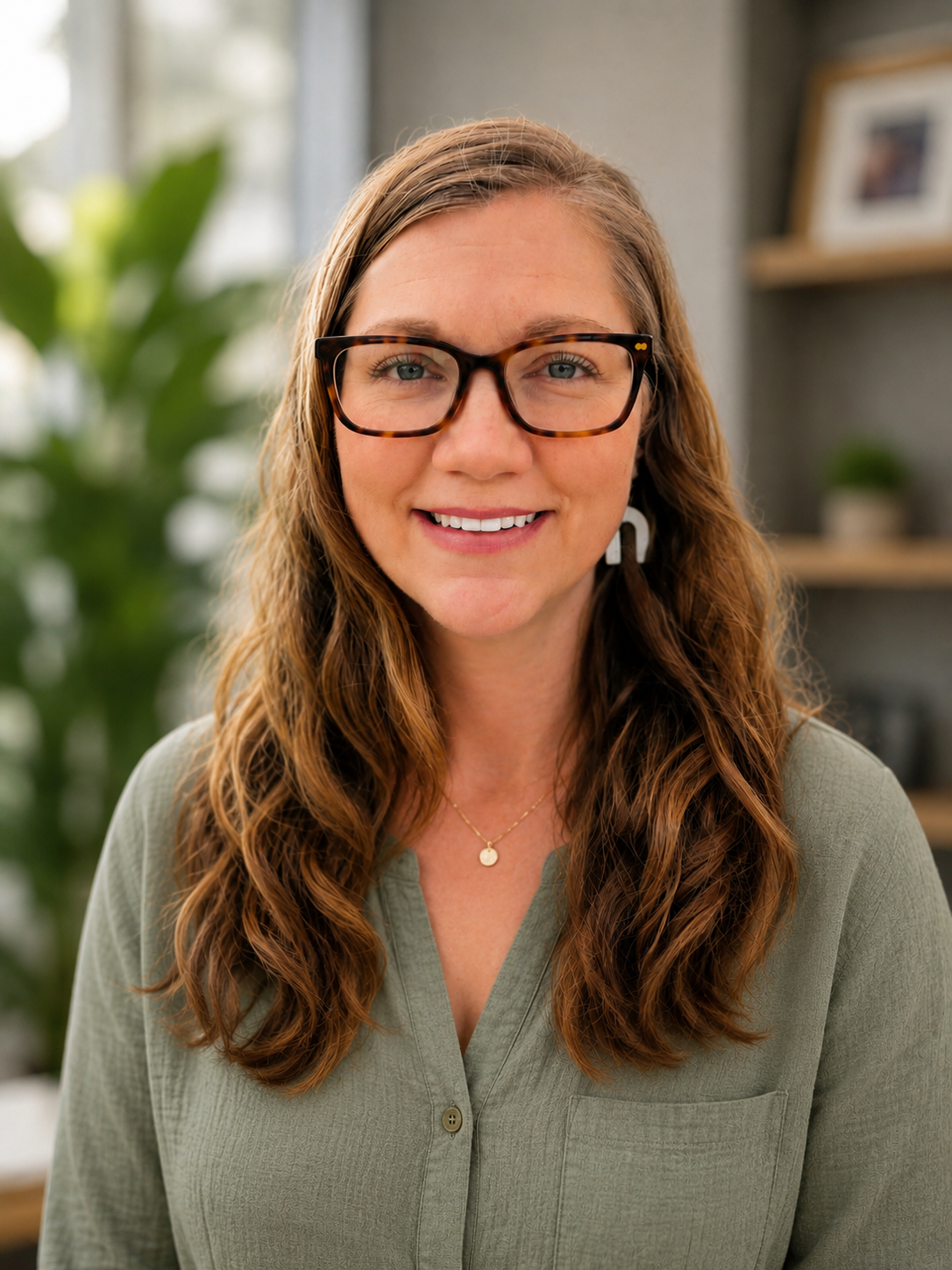 A woman with long wavy brown hair, wearing black glasses, a green button-up shirt, and a gold necklace, smiling indoors with a blurred background including plants and shelves.