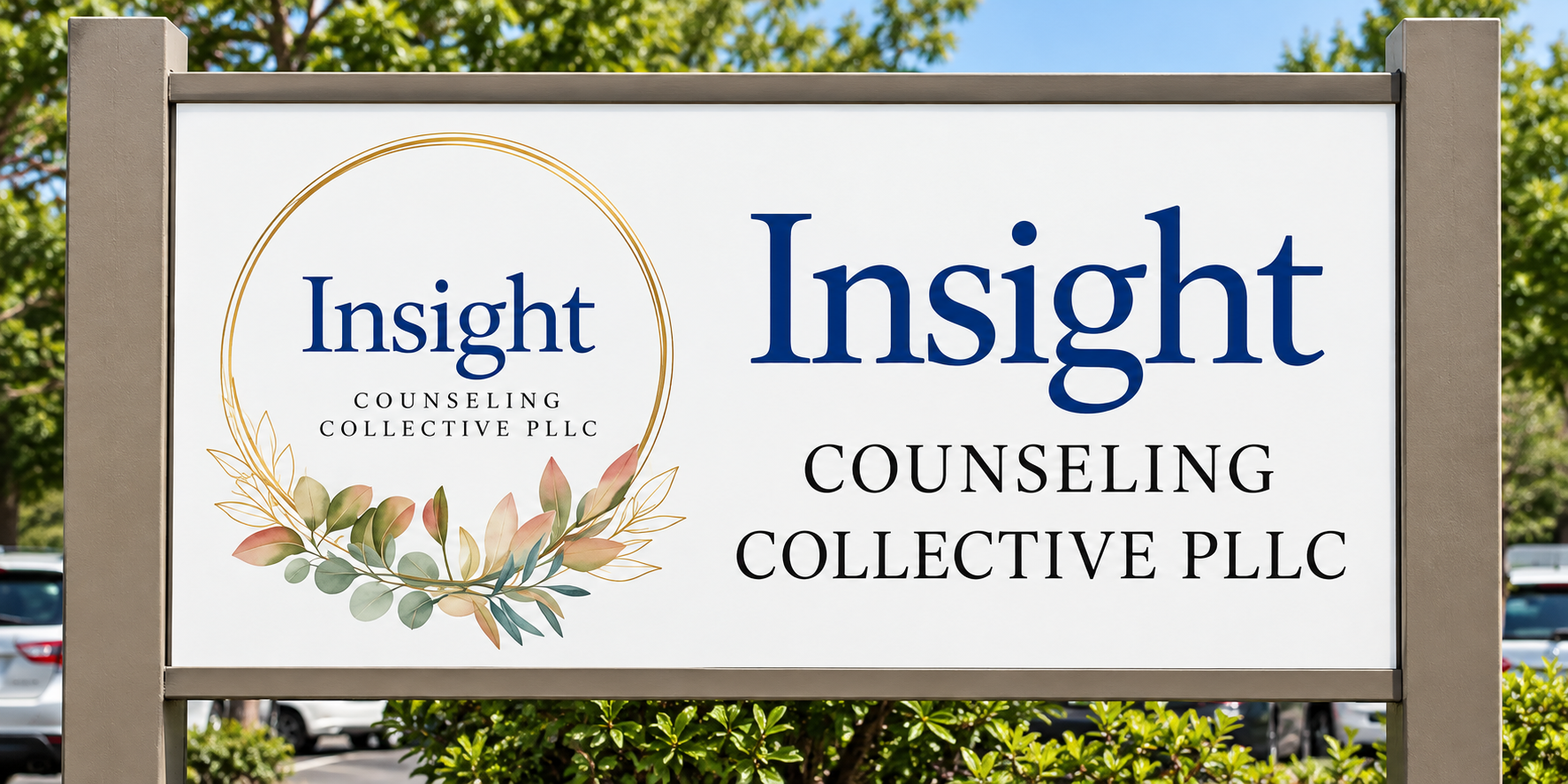 Sign for Insight Counseling Collective PLLC with a floral wreath logo