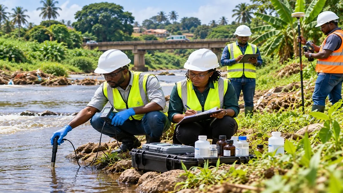 Environmental scientists wearing safety vests and helmets working by a river, taking water samples and recording data.