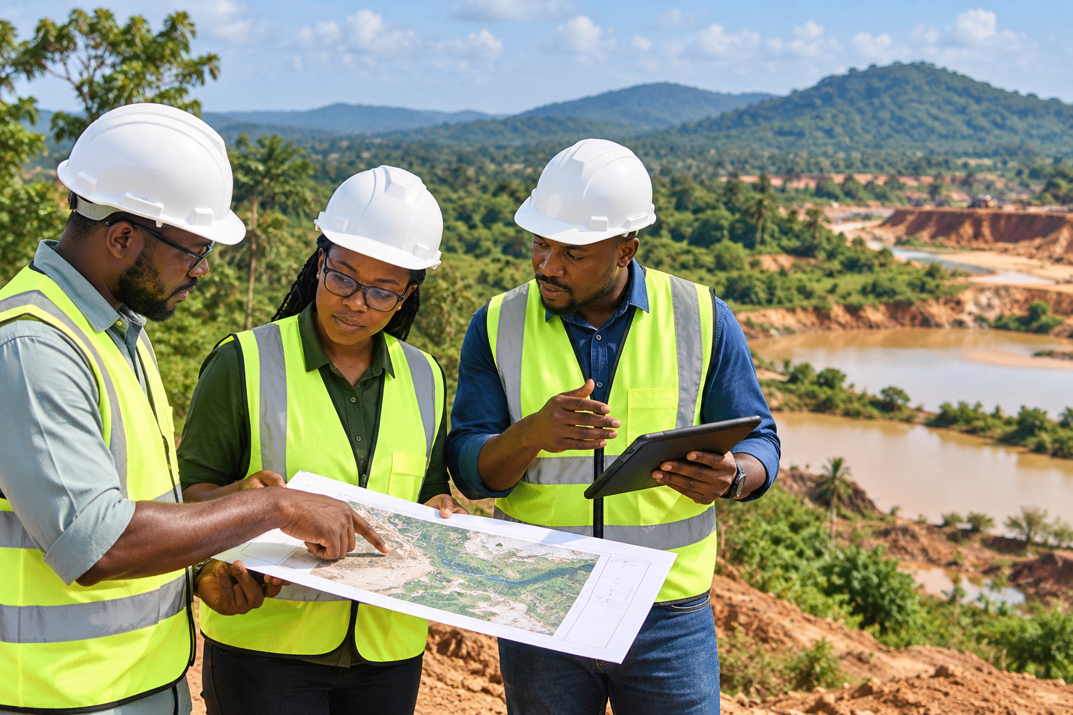 Three construction workers wearing safety helmets and reflective vests discussing a map at a construction site with hills and water in the background.