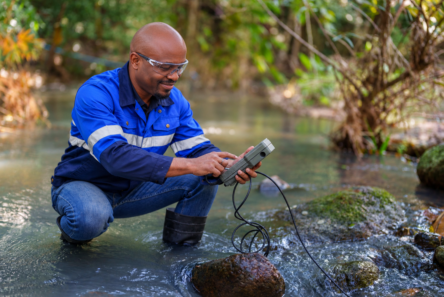 A man wearing safety goggles and a blue jacket with reflective stripes kneels in a shallow stream, holding and inspecting a handheld device connected to cables, surrounded by rocks and green foliage.