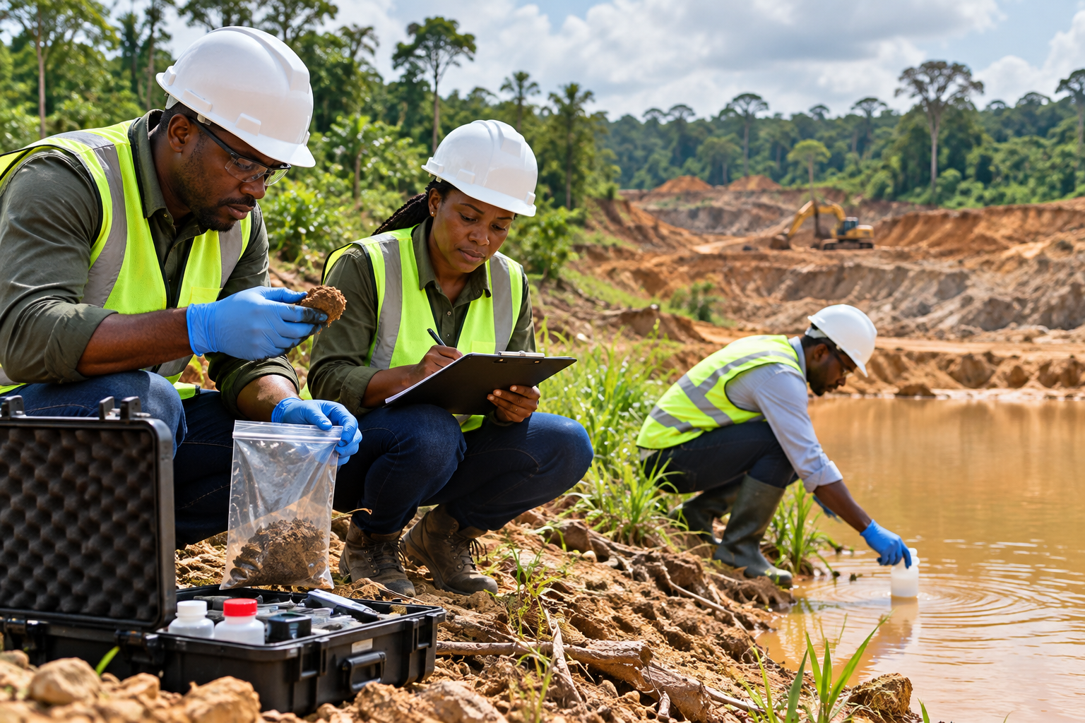 Scientists collecting water samples from a river at a construction site with excavator in the background, wearing safety gear and taking notes.