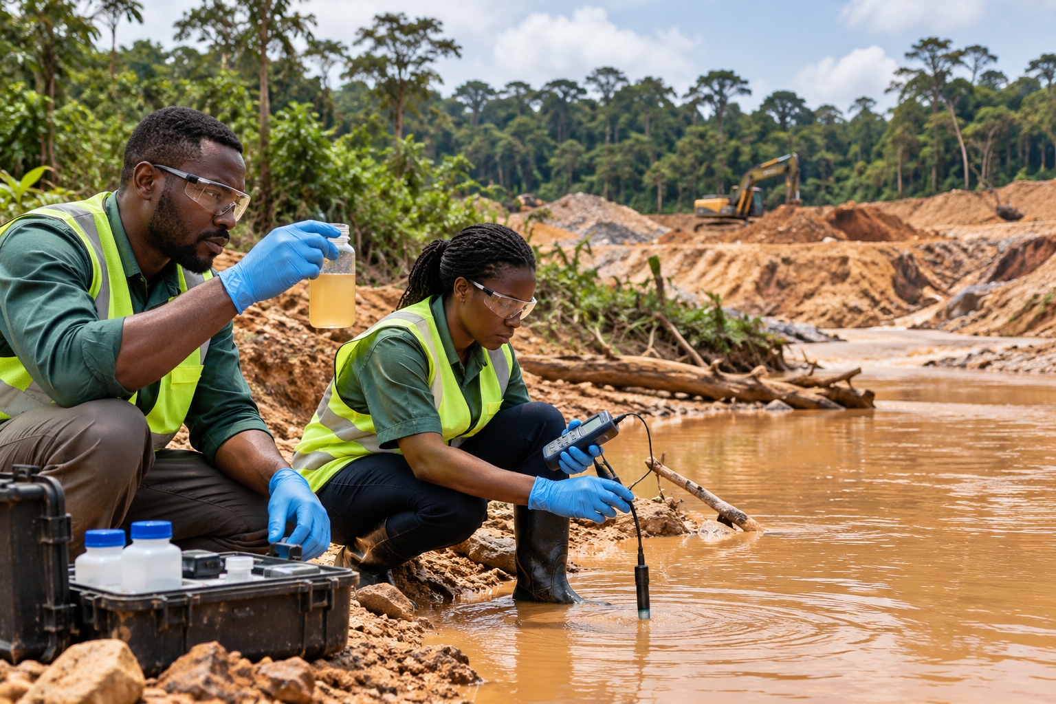 Two scientists in safety glasses and gloves collecting water samples from a river in a forested area, with excavation machinery in the background.