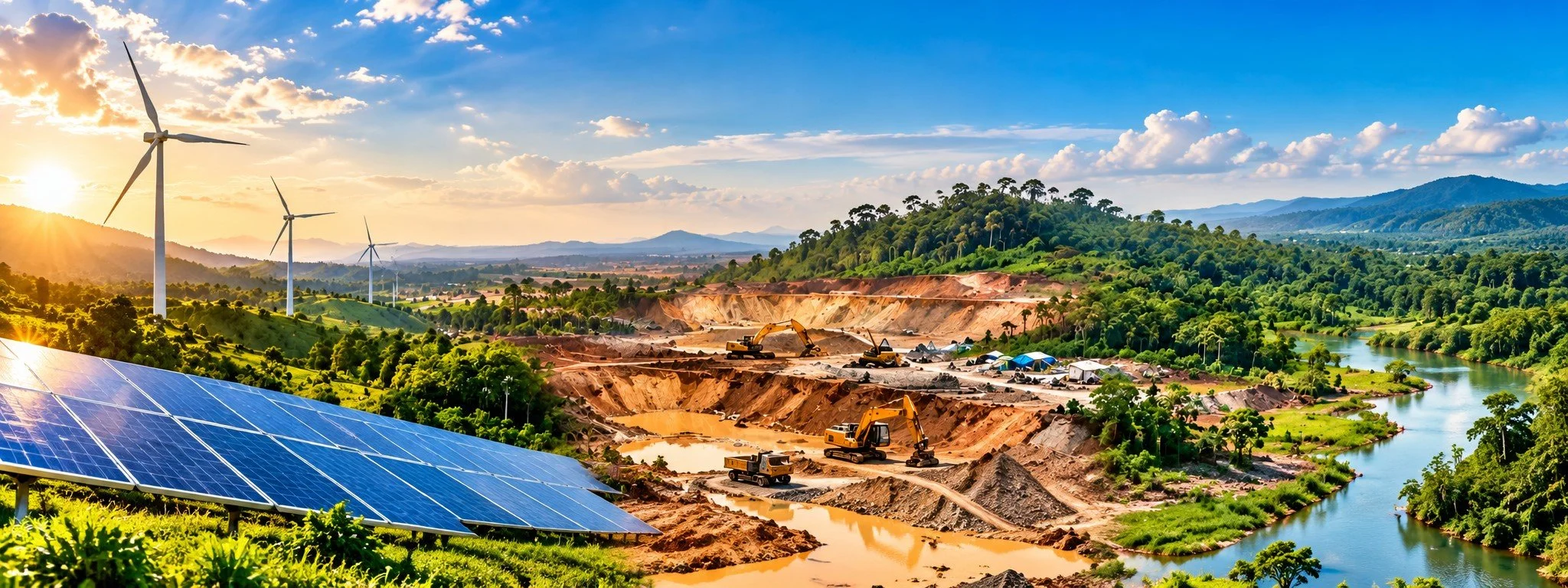 A landscape showing renewable energy sources with solar panels in the foreground, a river winding through green hills, wind turbines in the distance, and construction machinery working on land development during sunset.