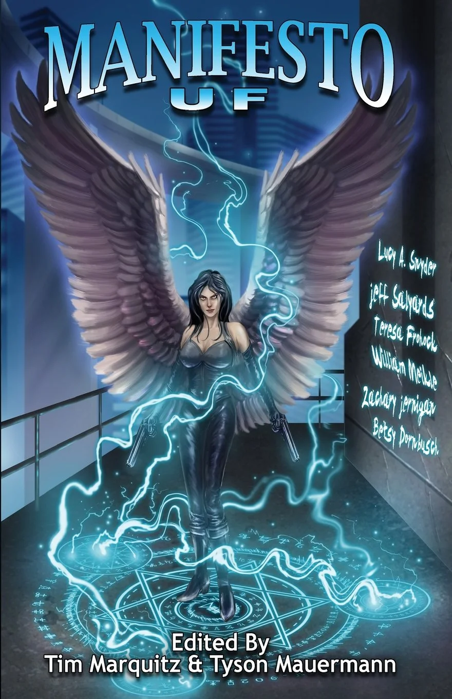 A digital illustration for a book titled 'Manifesto UFO' features a woman with long black hair, black leather clothing, and large angel-like wings. She stands on a glowing mystical magic circle with symbols, and blue lightning surrounds her, holding two guns. The background depicts a futuristic cityscape with tall buildings and neon lights, and the right side lists author names in teal handwriting.