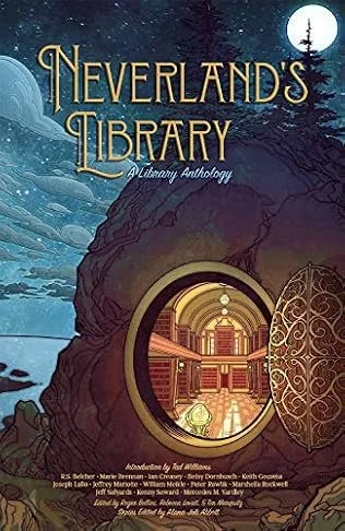 Book cover titled "Neverland's Library: A Literary Anthology" with an illustration of a rocky landscape, a large circular opening revealing a grand library interior, and a moonlit sky in the background.