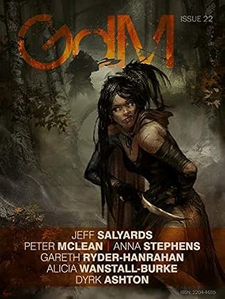 Comic book cover titled 'God M' Issue 22, featuring a fierce woman with dark hair, holding a knife, in a dark, wooded setting.