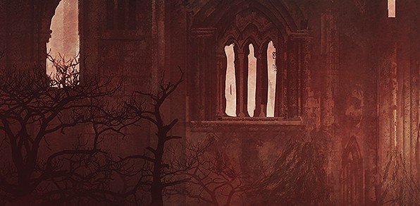 A dark, gothic-style scene with leafless trees in the foreground and what appears to be ruins of a building with tall, narrow windows in the background, illuminated with a reddish hue.