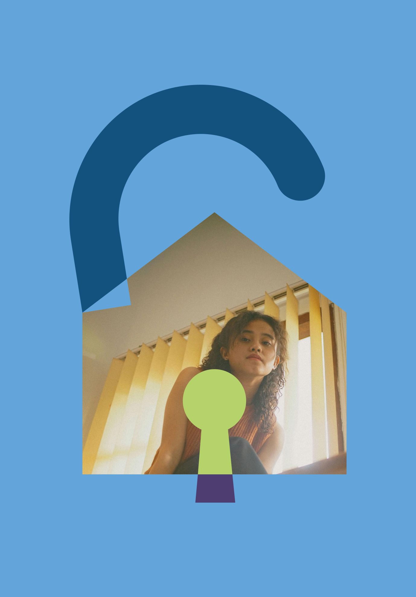 Modern graphic illustration of a house combined with a padlock and a photo of a tenant in her apartment