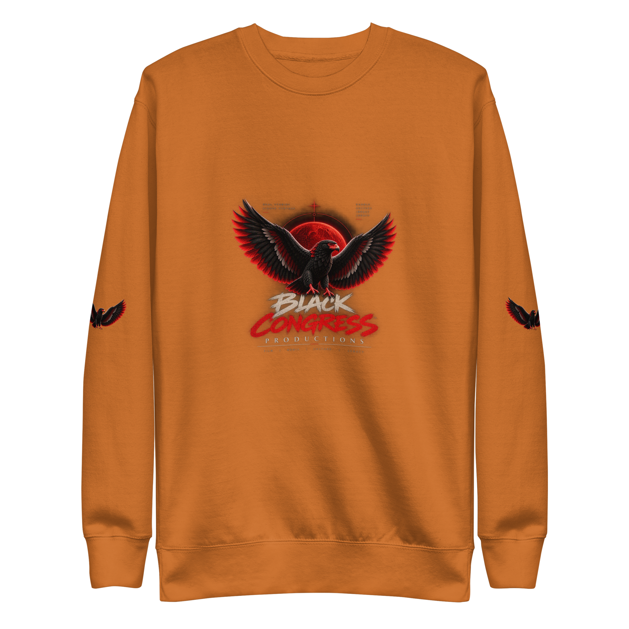 Orange sweatshirt with graphic design of a black eagle with red accents, wings spread, perched on a globe with red glow, and the words "Black Congress" below.