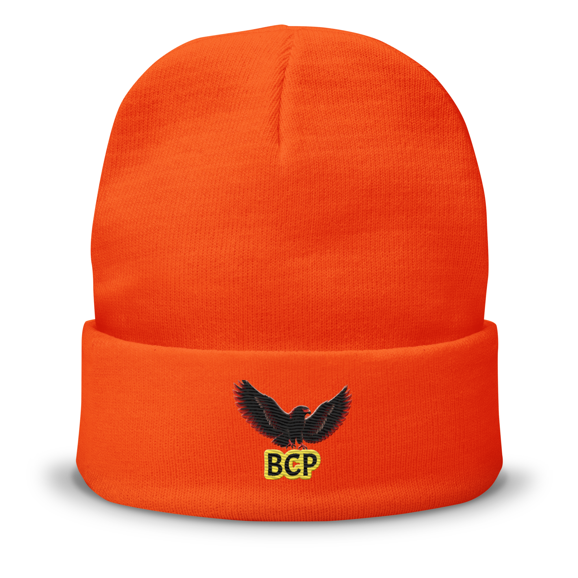 Orange beanie hat with an eagle emblem and the text 'BCP' on it.
