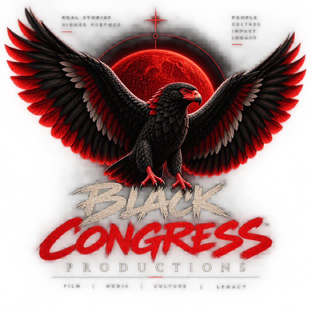 A stylized black and red eagle with its wings spread wide in front of a red moon, with the words 'BLACK CONGRESS PRODUCTIONS' and additional text about film, media, culture, and legacy.