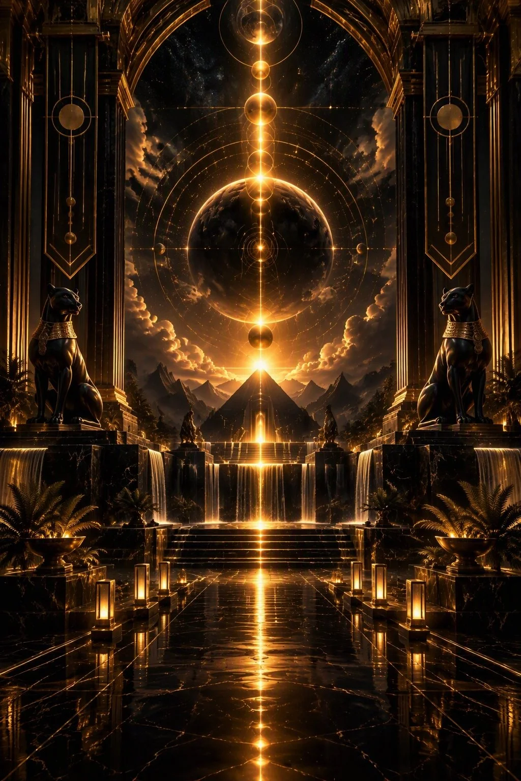 A grand, mystical hall with black marble floors and golden accents, featuring two black panther statues and a cascading waterfall, with a cosmic scene including planets and stars in the background, illuminated by golden light.
