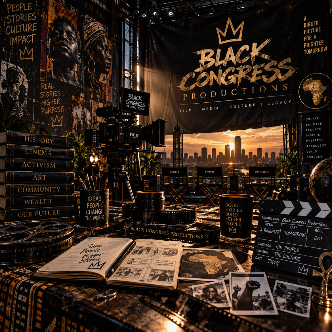 A dark-themed film set or studio featuring a large banner with the text 'Black Congress Productions' and a city skyline at sunset in the background. The scene includes a camera on a tripod, black books labeled 'History,' 'Cinema,' 'Activism,' 'Art,' 'Community,' 'Wealth,' and 'Our Future,' along with various papers, photographs, and film clapperboards. There are posters and signs emphasizing themes of culture, history, and progress, with quotes like 'People stories culture impact,' 'Real stories higher purpose,' and 'Good stories build better people.'