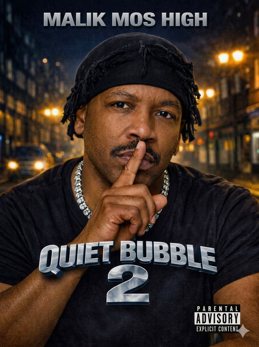Album cover featuring a man wearing a black beanie, holding a finger to his lips in a shushing gesture, with a nighttime city street background. The text reads 'Malik Mos High' at the top and 'Quiet Bubble 2' at the bottom, with a parental advisory label in the lower right corner.