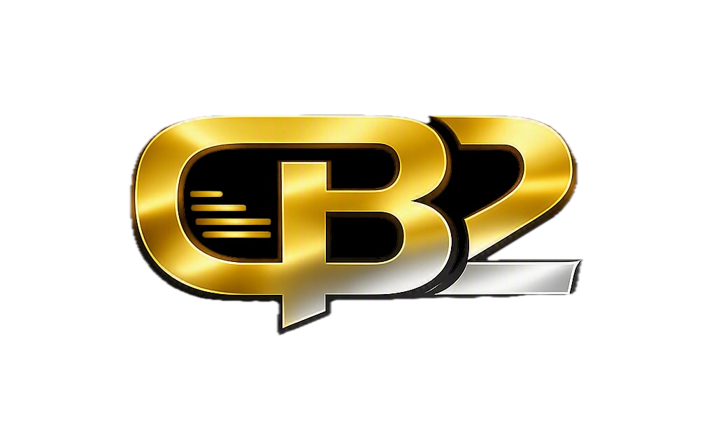 Gold and silver logo with the text "C B 2" on a black background.