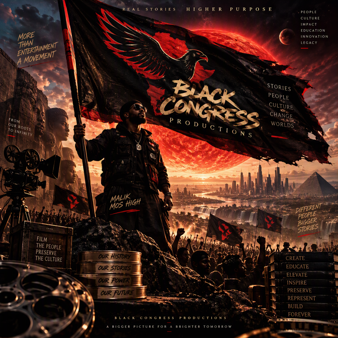A dramatic poster featuring a man holding a flag with a black eagle symbol and the words "Black Congress Productions." The background shows a city skyline at sunset with Mount Rushmore and a large red moon. The scene includes silhouettes of protesters, film equipment, and text promoting cultural legacy and storytelling.