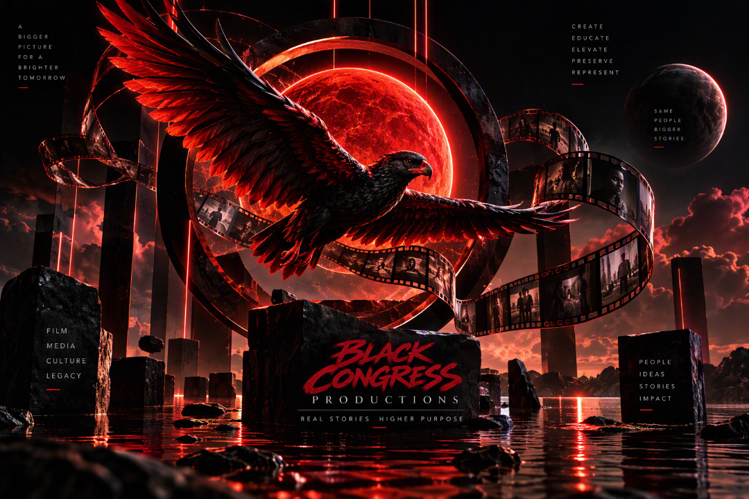 Digital artwork featuring a soaring black and red eagle with a red moon in the background, surrounded by film reels, stone blocks with text, and dramatic sky with clouds in shades of red and black.