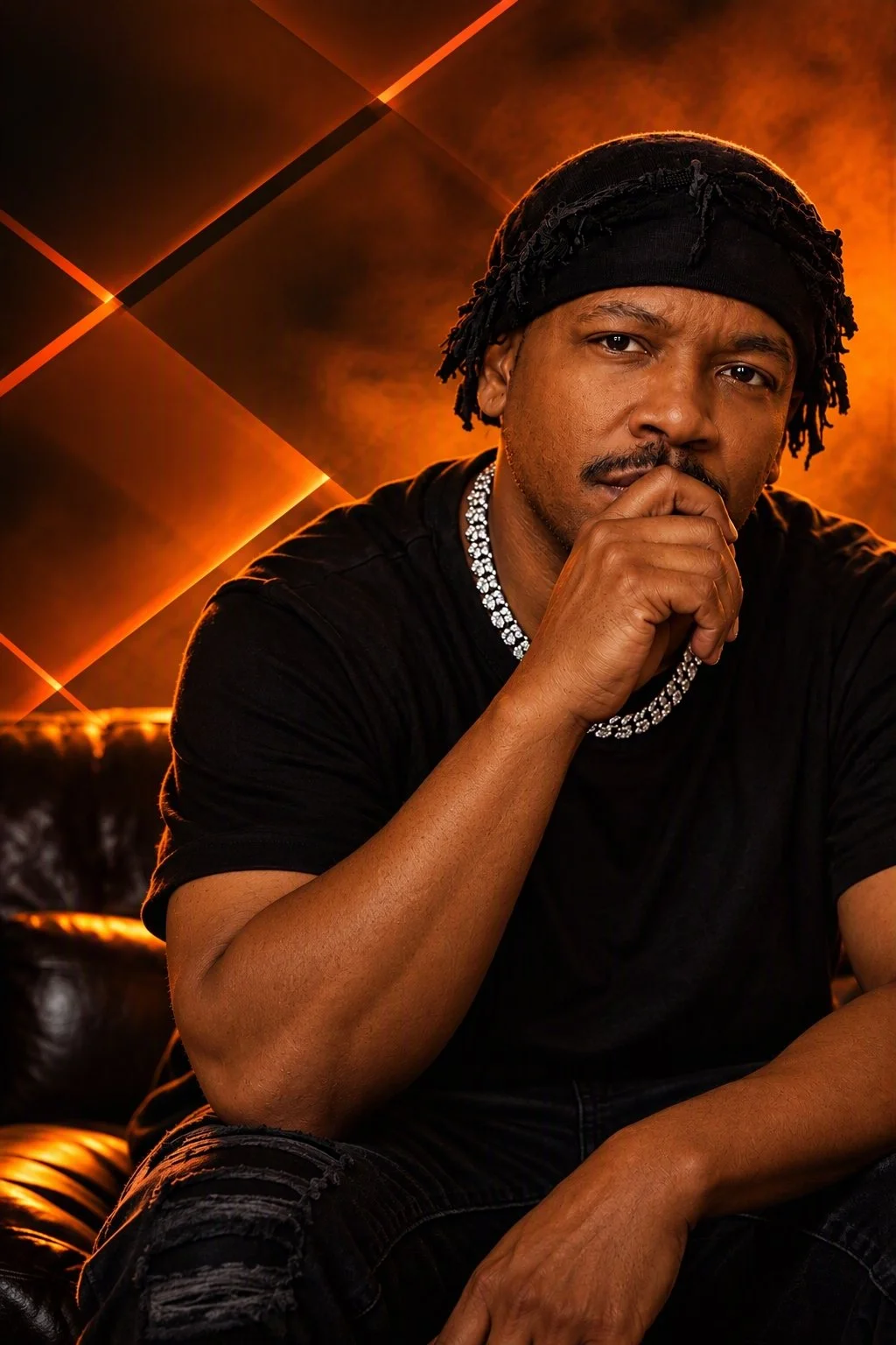 A man with dark skin, dreadlocks, and a black headband, wearing a diamond necklace and a black t-shirt, sitting thoughtfully against a fiery orange and black background.