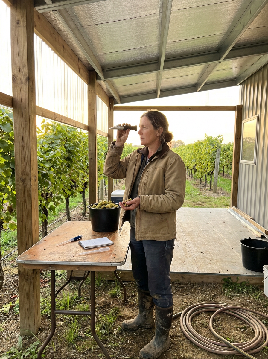 Woman in a vineyard looking through binoculars while standing at a wooden table with a notebook, pen, and a bucket of grapes, wearing boots and a jacket.