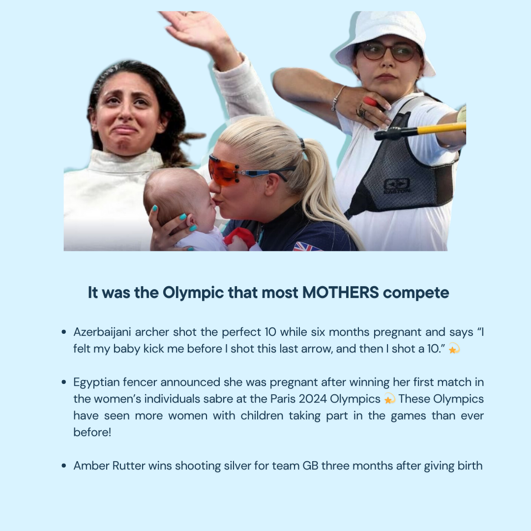 Photo of a woman kissing a baby, two women with serious expressions, one holding a bow and arrow, and a light blue background with the text about women in the Olympics.