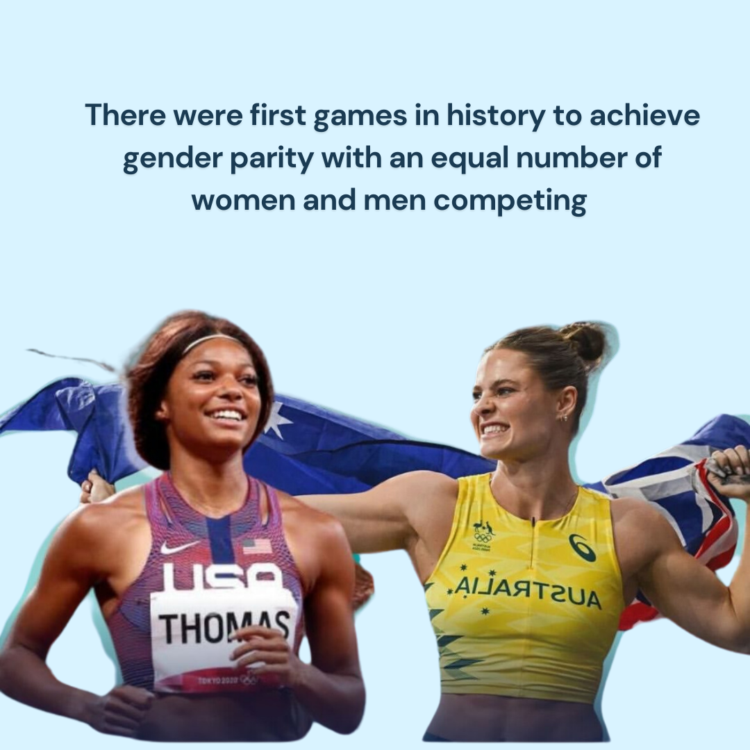 Two female athletes, one from the USA and one from Australia, each holding flags behind their backs, celebrating at a track and field event.