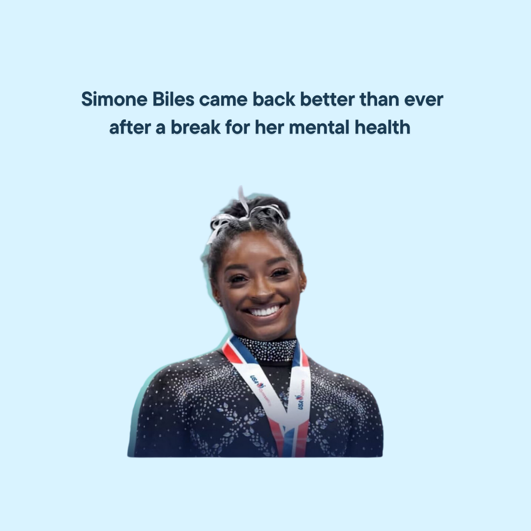 A woman with a cheerleading medal around her neck, smiling, wearing a black and silver sports outfit with white and blue details, and a headband. The background is light blue with black text that says, 'Simone Biles came back better than ever after a break for her mental health.'