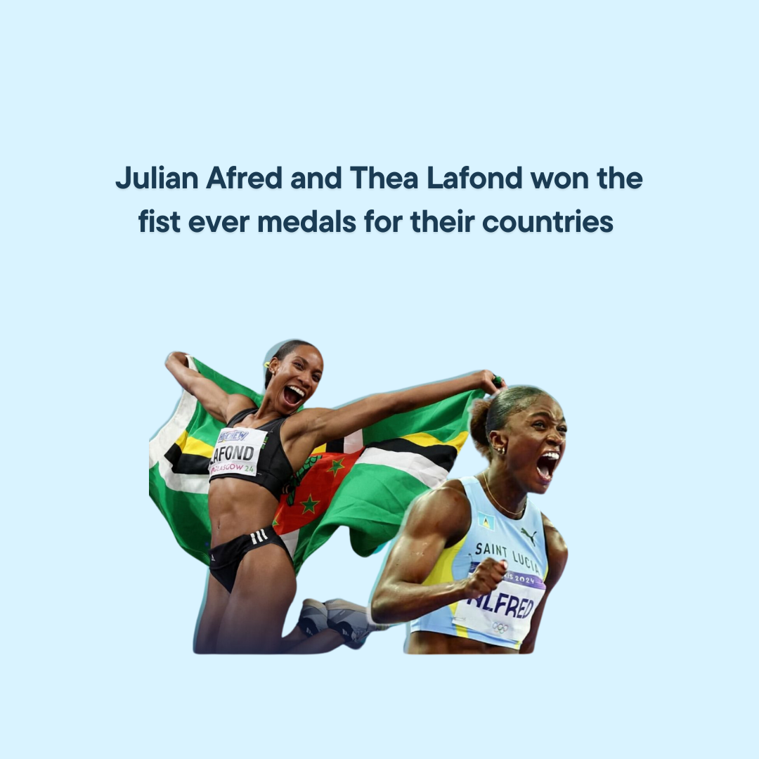 Celebratory image of two female athletes, one holding a flag of Tanzania and her country’s name on her attire, the other wearing an Ethiopia uniform, celebrating their victories with a light blue background and text about their historic Olympic medals.