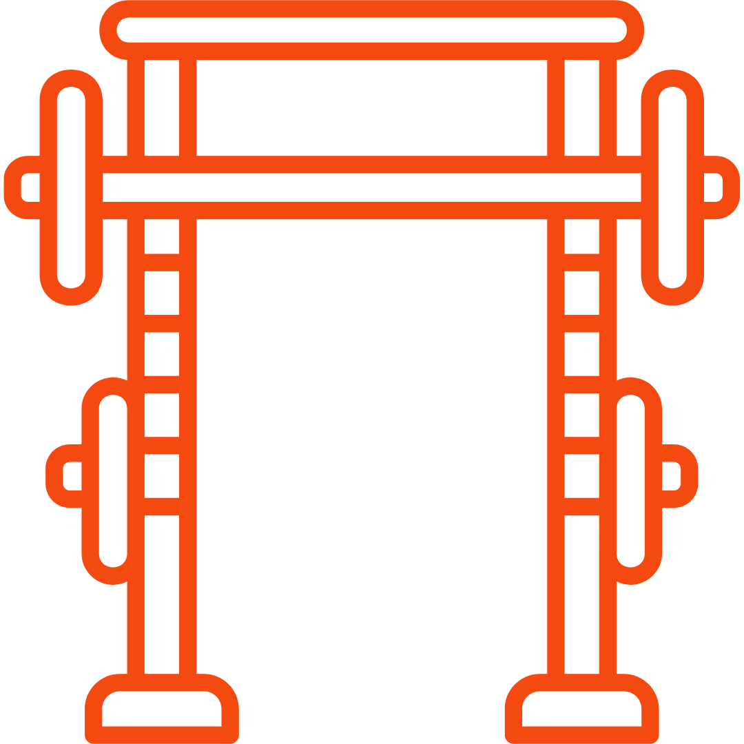 Outline drawing of a barbell with weights on each side, depicted in red lines.