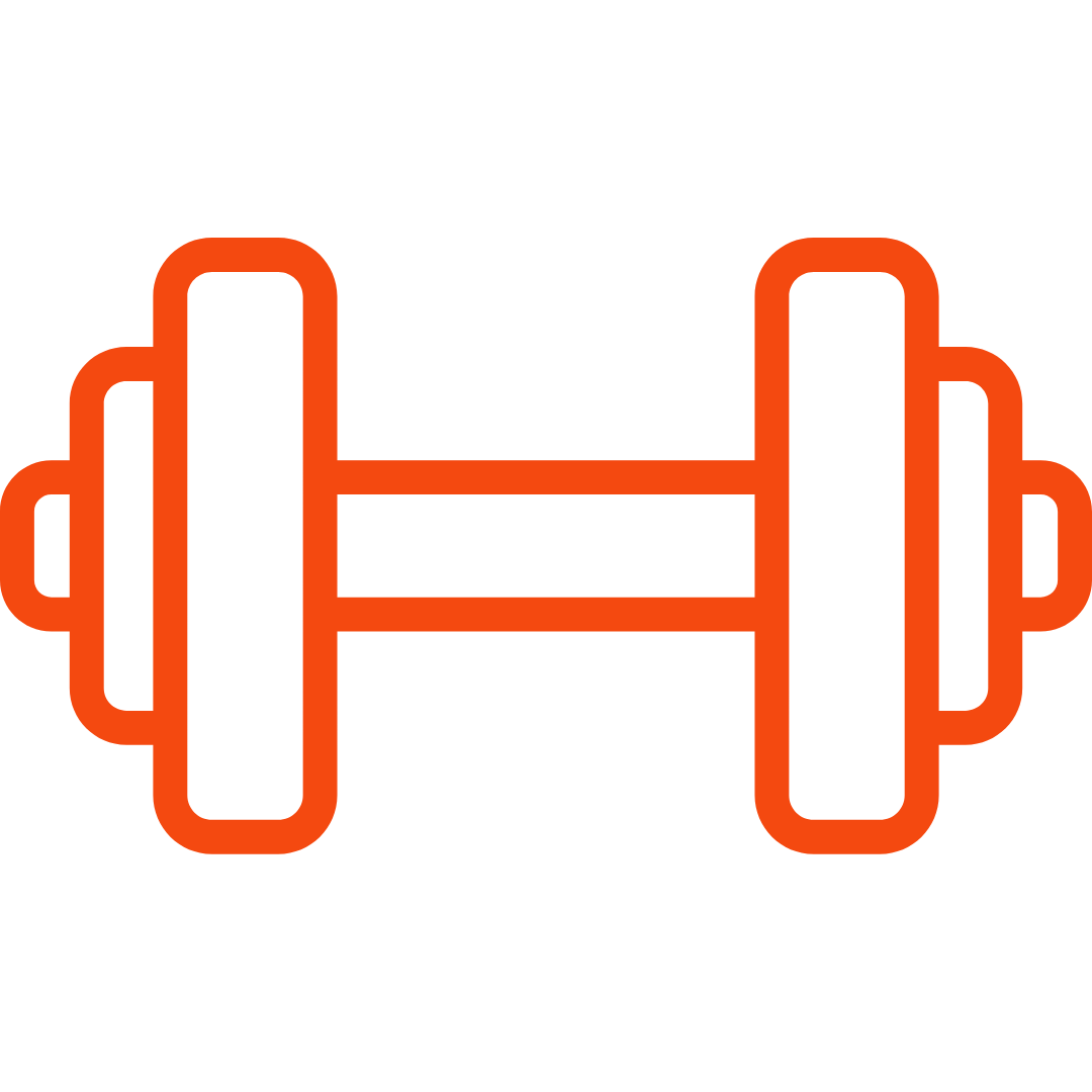 Outline of a dumbbell in orange with black accents.