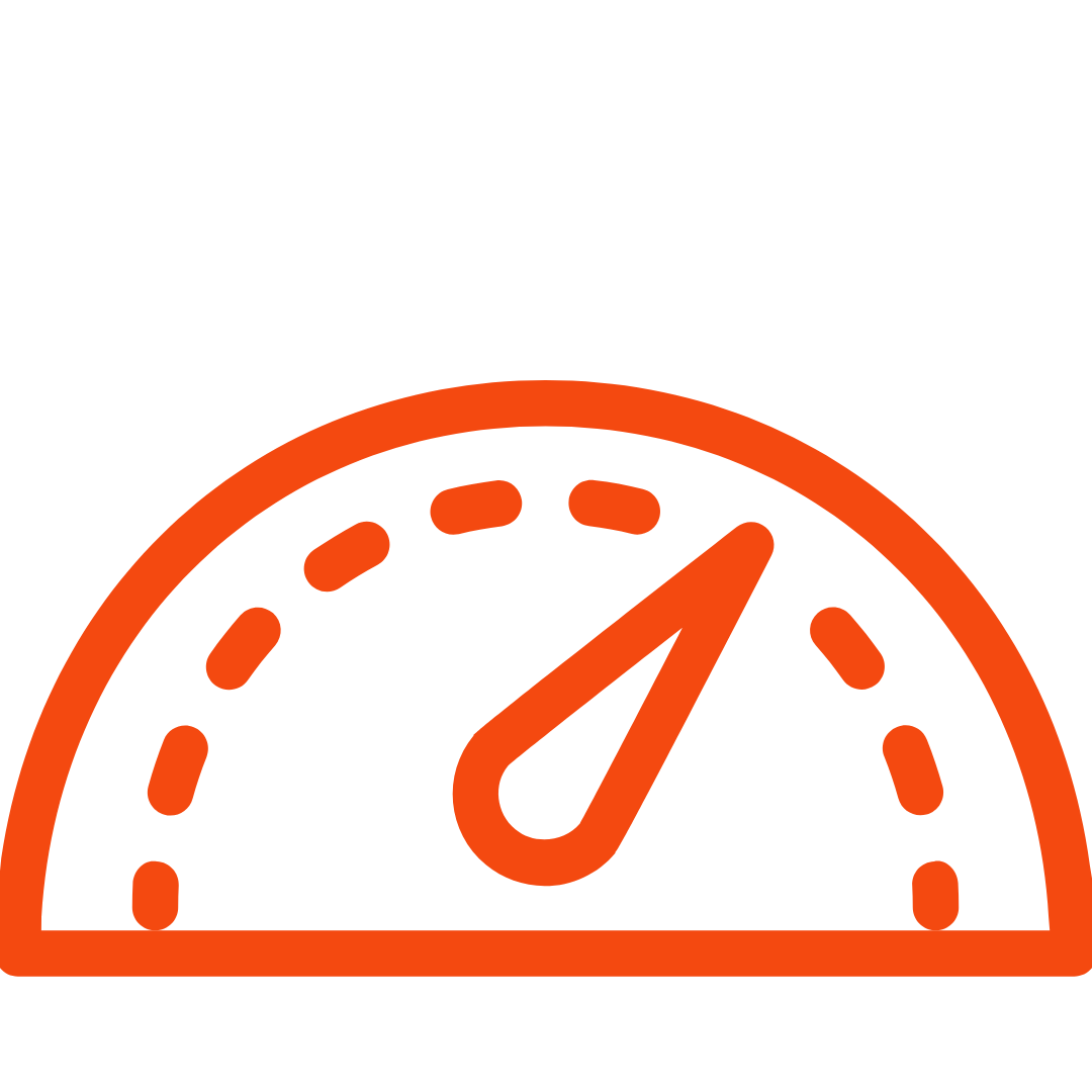 Orange gauge meter icon on black background.