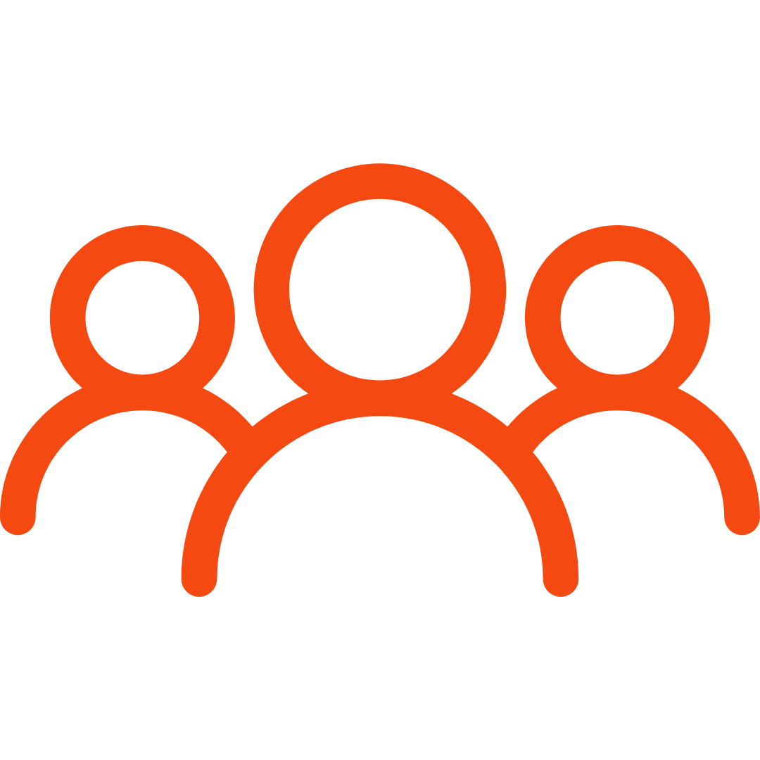 Icon of three stylized orange human figures representing a group or team against a black background.