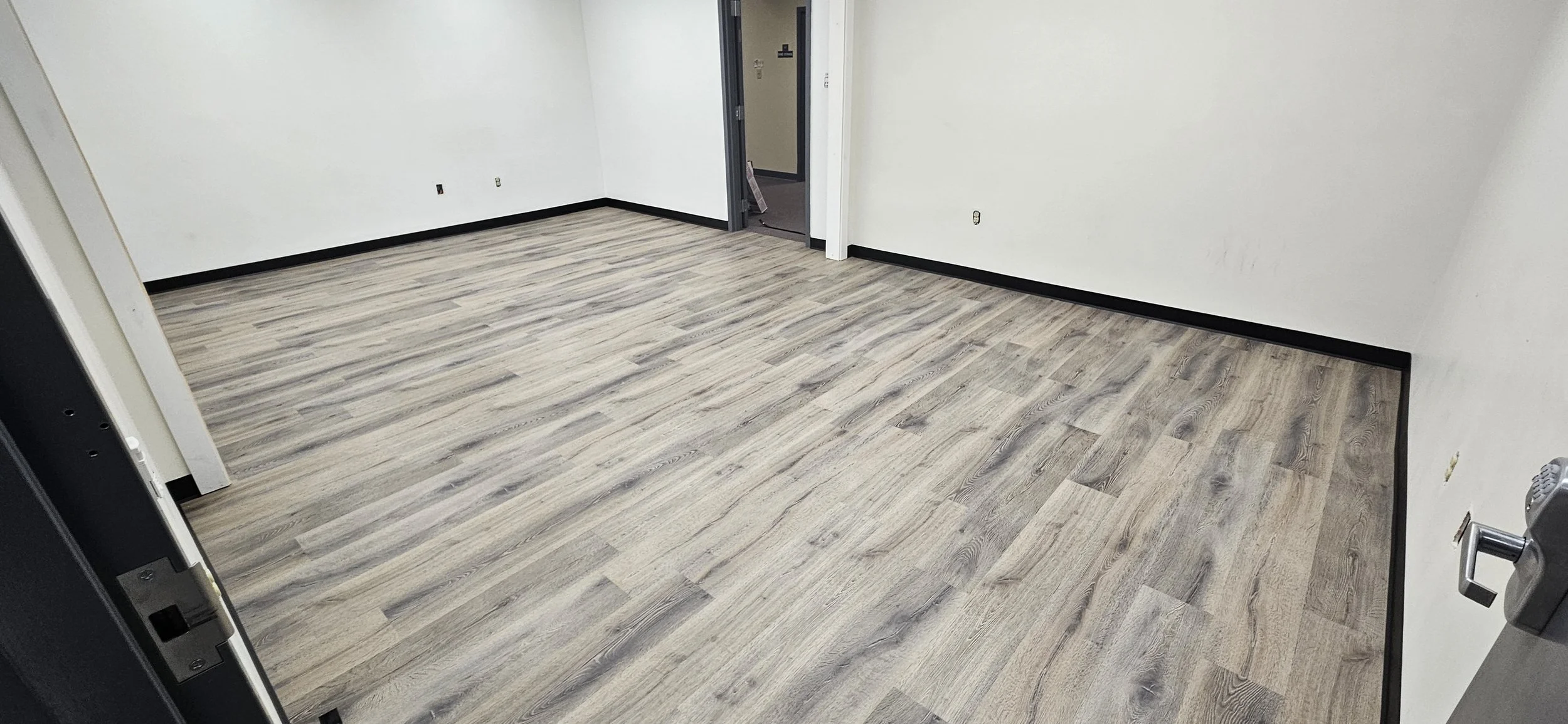 Empty room with light wood flooring, white walls, black baseboards, and a partially open door leading to a hallway.