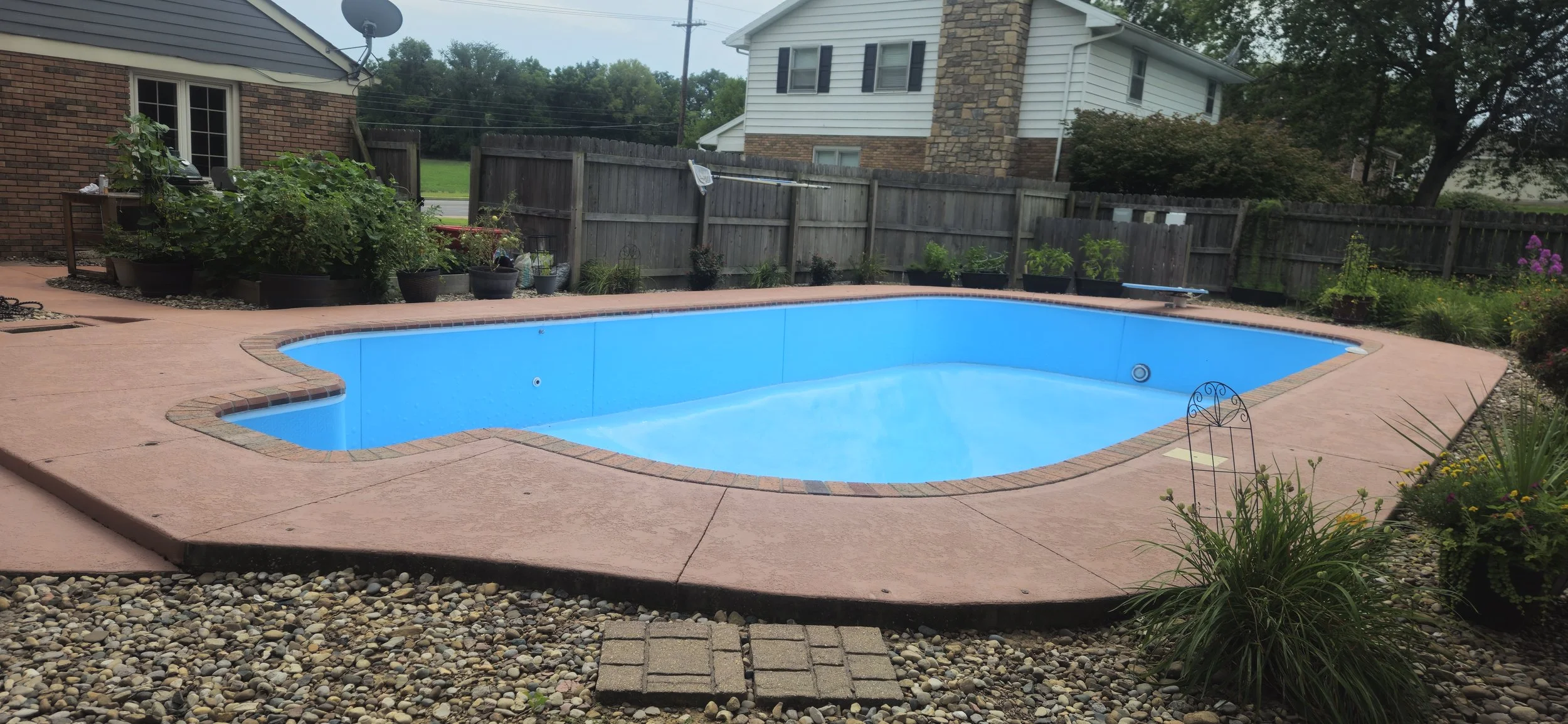 Backyard swimming pool with a blue interior, surrounded by a concrete deck, with potted plants and garden beds along a wooden fence in the background.