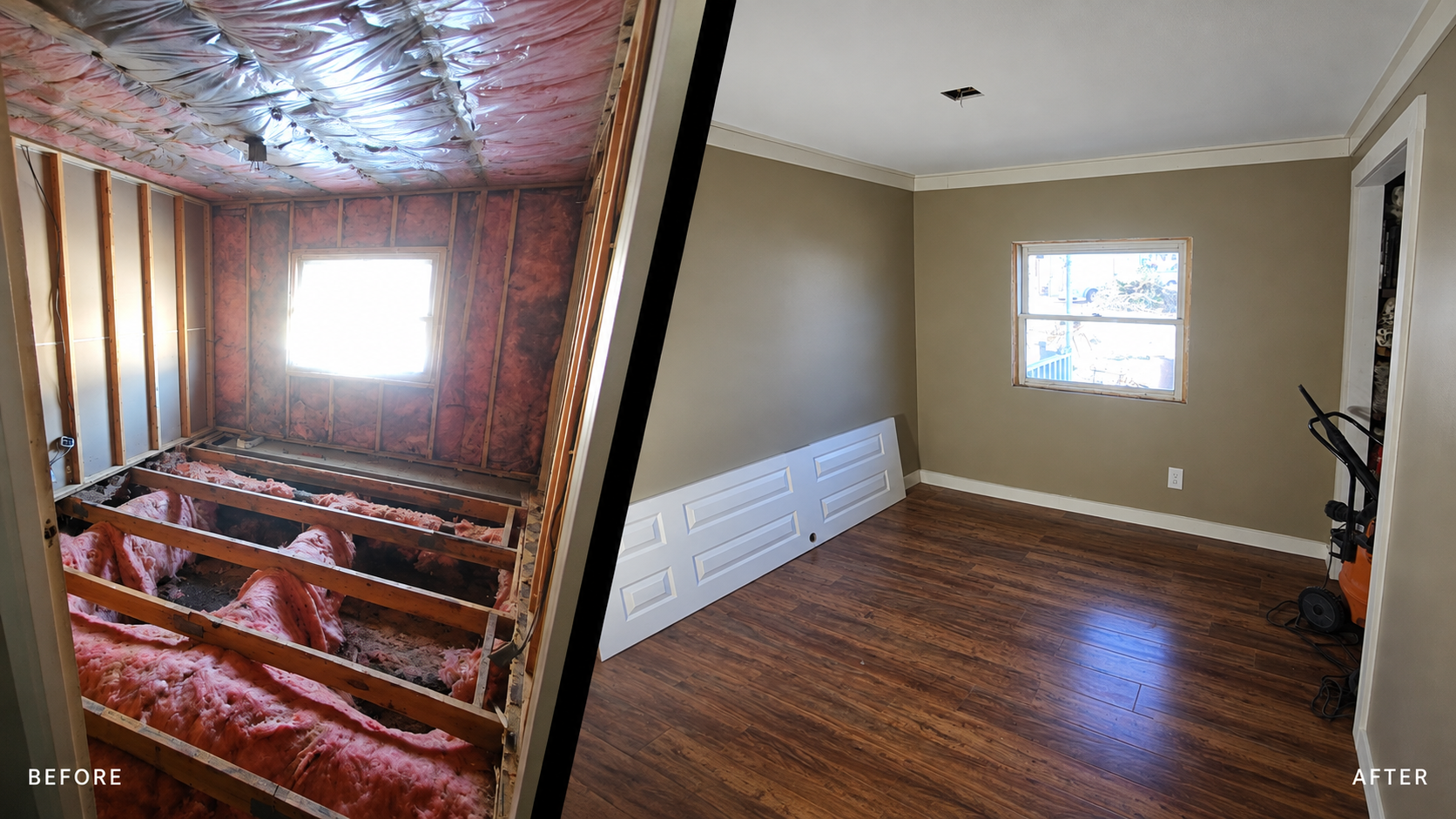 Comparison of a room before and after renovation: The left side shows an unfinished room with exposed insulation, wooden framing, and a window with bright light. The right side shows a finished room with beige walls, a window letting in natural light, clean baseboards, and hardwood flooring, with some white trim panels and a vacuum cleaner in the corner.