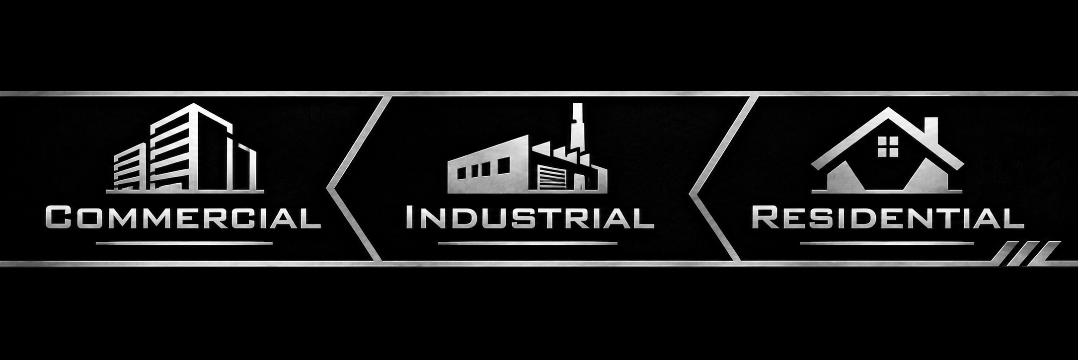 Graphic showing three categories of buildings: commercial, industrial, and residential, with icons representing each type.