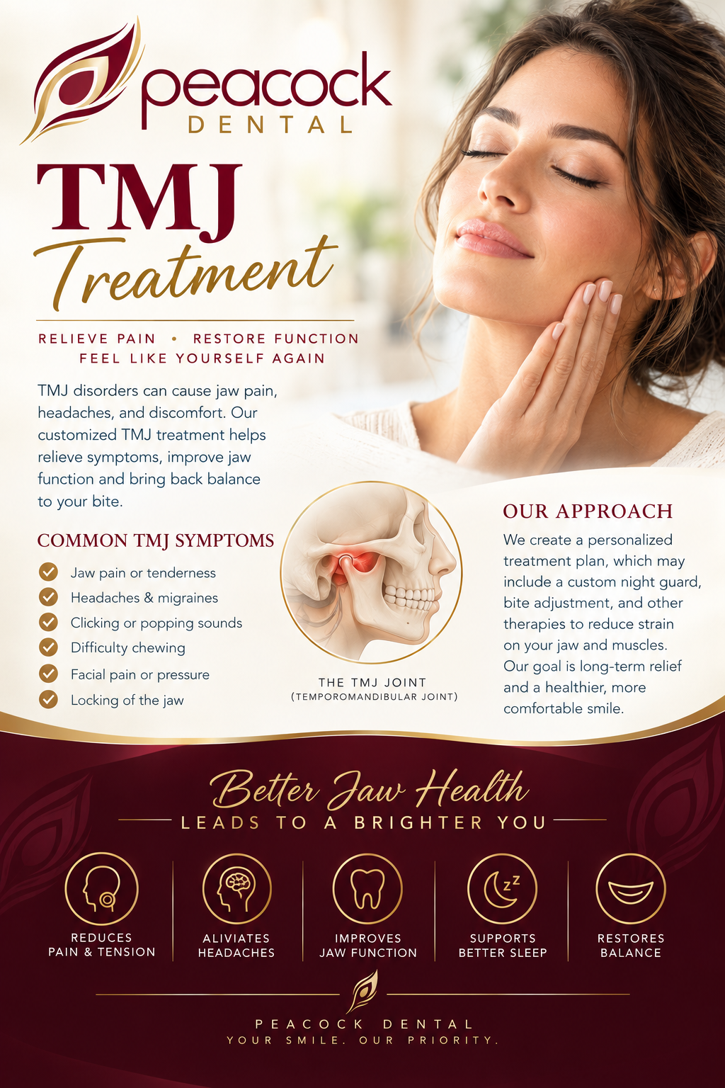 Advertisement for Peacock Dental's TMJ treatment featuring a woman with her eyes closed and touching her jaw, includes a diagram of the TMJ joint, a list of TMJ symptoms, and icons representing benefits like pain reduction, headache relief, improved jaw function, better sleep, and facial balance.