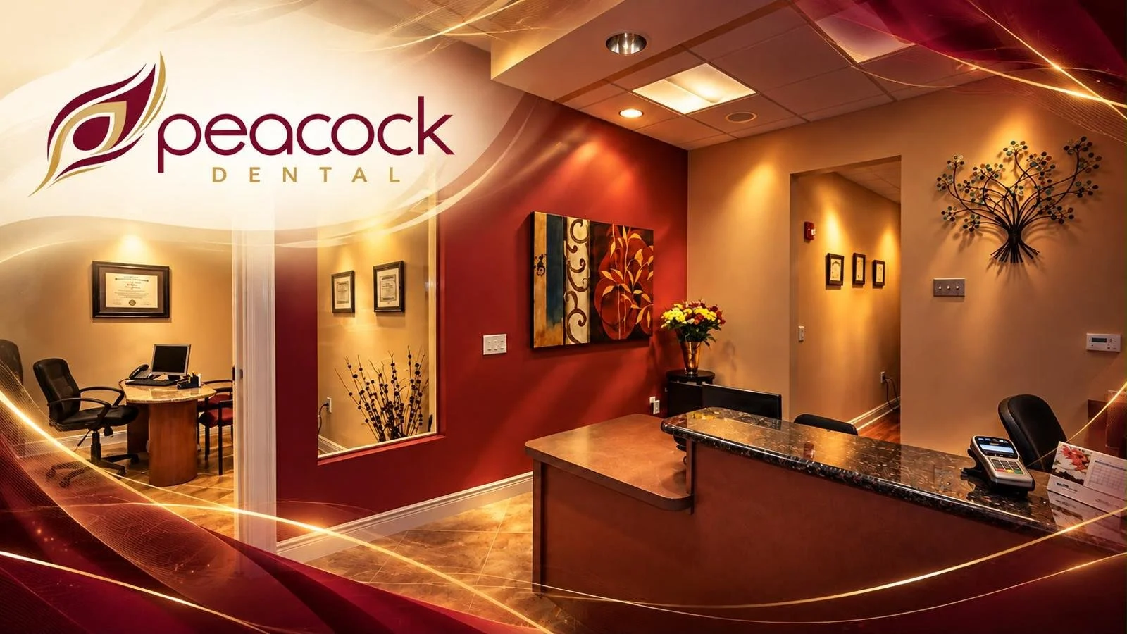 Reception area of Peacock Dental office with a check-in counter, decorative wall art, and a small office in the background.