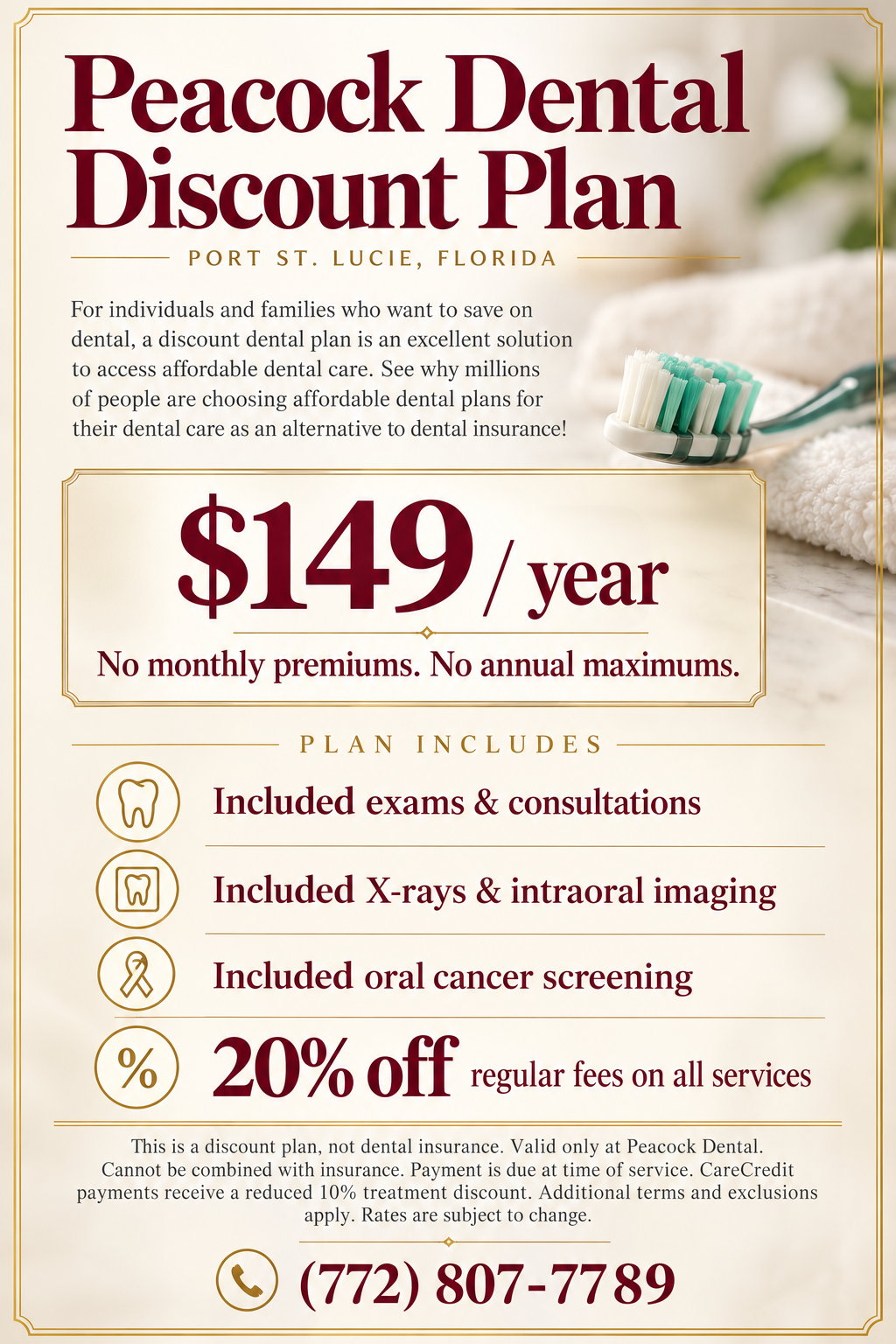Advertisement for Peacock Dental discount plan in Port St. Lucie, Florida, featuring a toothbrush, towels, and promotional details including plan cost, services included, and contact information.