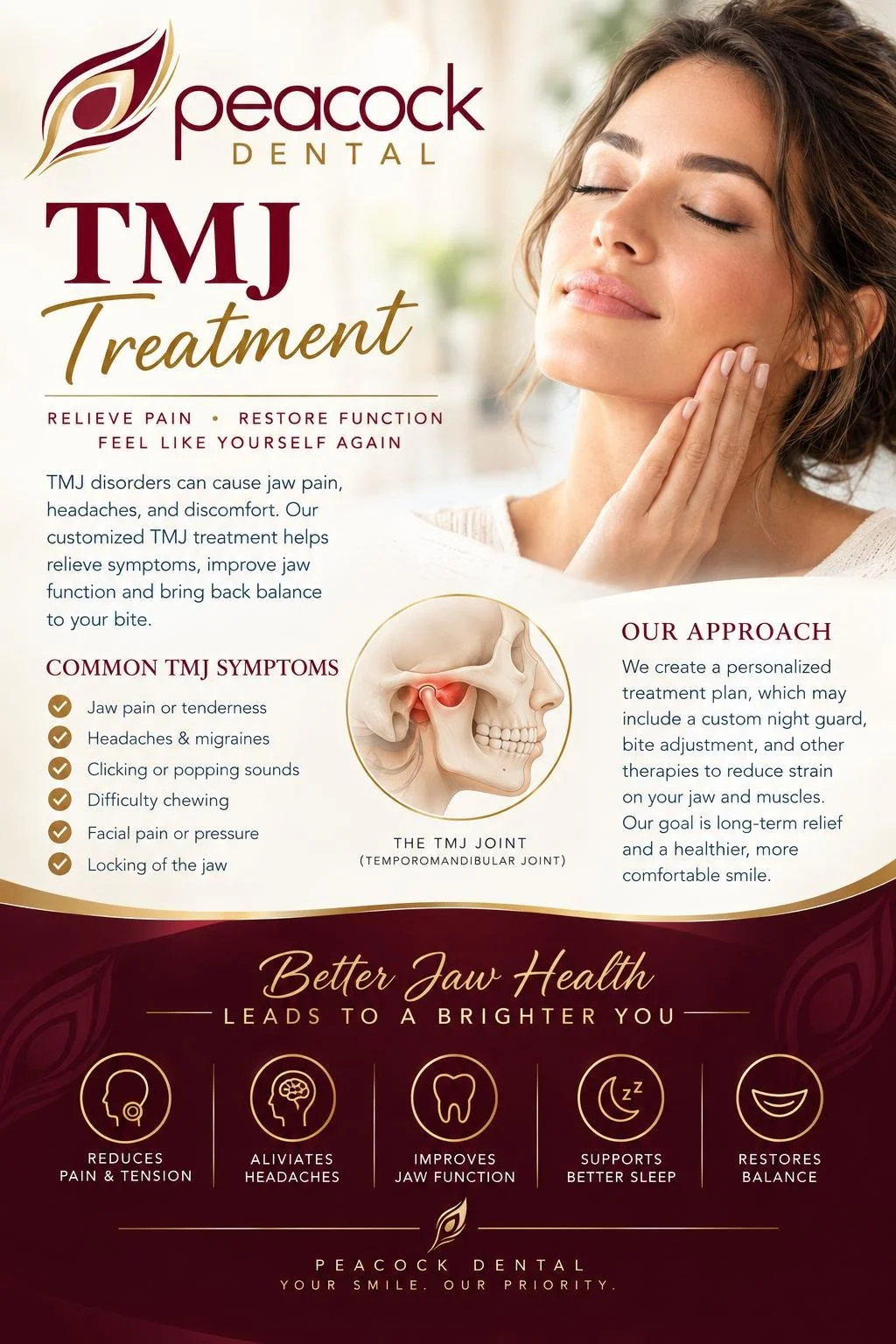 Flyer for Peacock Dental promoting TMJ treatment with an image of a woman holding her jaw, a diagram of the TMJ joint, and icons representing pain relief, headaches, jaw function, sleep, and balance.