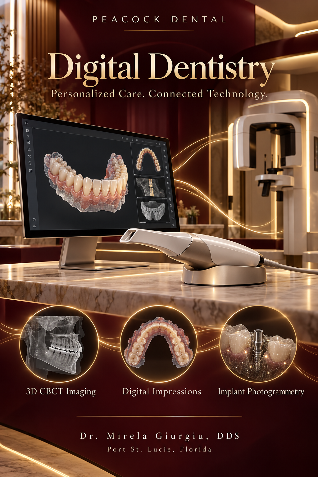 Promotional image for Peacock Dental featuring digital dentistry technology including 3D CBCT imaging, digital impressions, and implant photogrammetry with a computer monitor displaying a 3D model of teeth, and a dental scanner on a marble countertop.