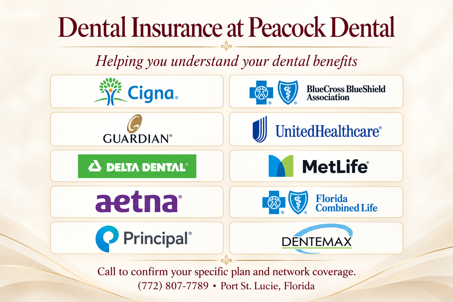 A promotional image listing various dental insurance providers with logos and a contact number for confirmation.