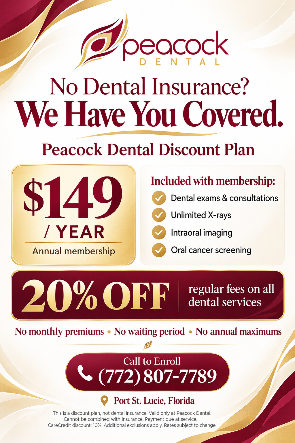 Peacock Dental advertisement promoting a $149 annual membership plan with 20% discount on dental services, including details about coverage and contact information, located in Port St. Lucie, Florida.