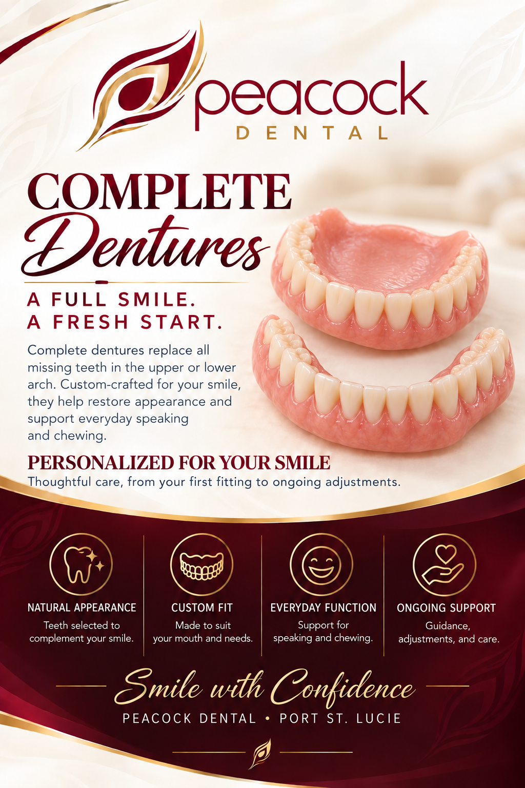 A promotional poster for Peacock Dental showing a set of complete dentures and text describing the benefits of custom-crafted dentures for a full smile and supported everyday speaking and chewing.