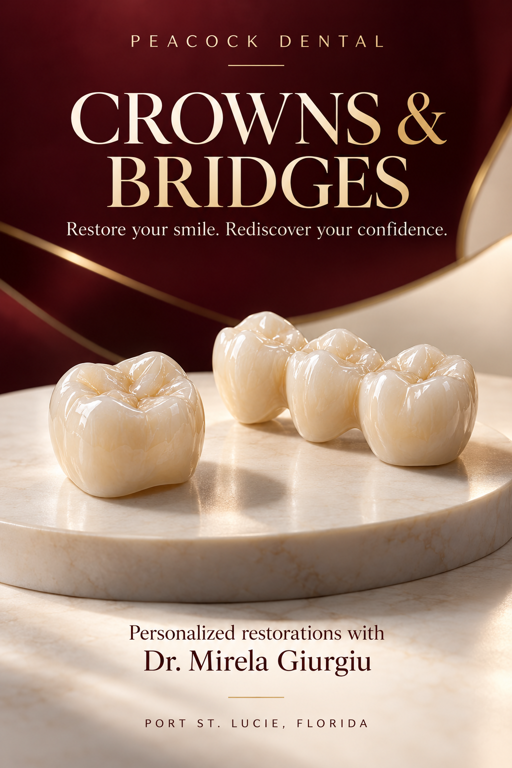 Poster advertising peacock dental crowns and bridges with a tagline, "Restore your smile. Rediscover your confidence." Features three realistic-looking dental crowns or bridges resting on a marble surface, and text about personalized restorations with Dr. Mirela Giurgiu in Port St. Lucie, Florida.